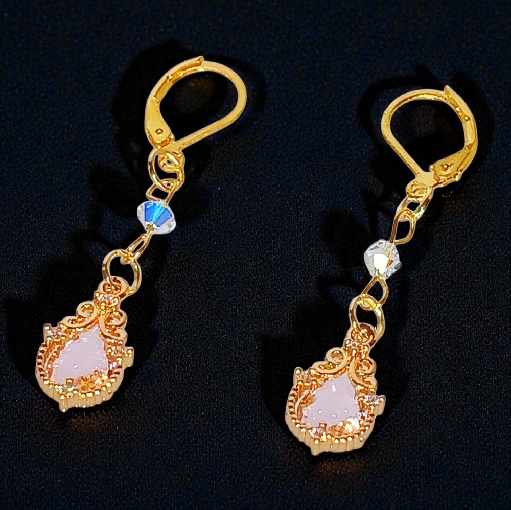 Gold Pink Tear Drop Dangle Earrings Modern Retro Glam Luxe Romantic Feminine 80s